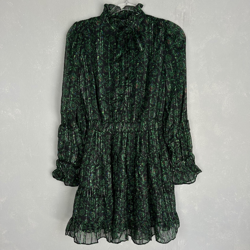 Walter Baker size 0 Tezza mini dress long sleeve green floral chiffon tiered NEW